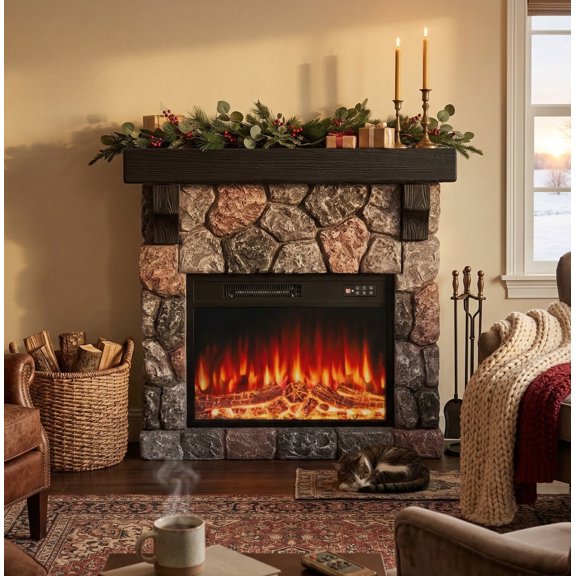 Waleaf Electric Fireplace with Mantel, 36 inch Freestanding Stone Fireplace Heater TV Stand with Remote Control