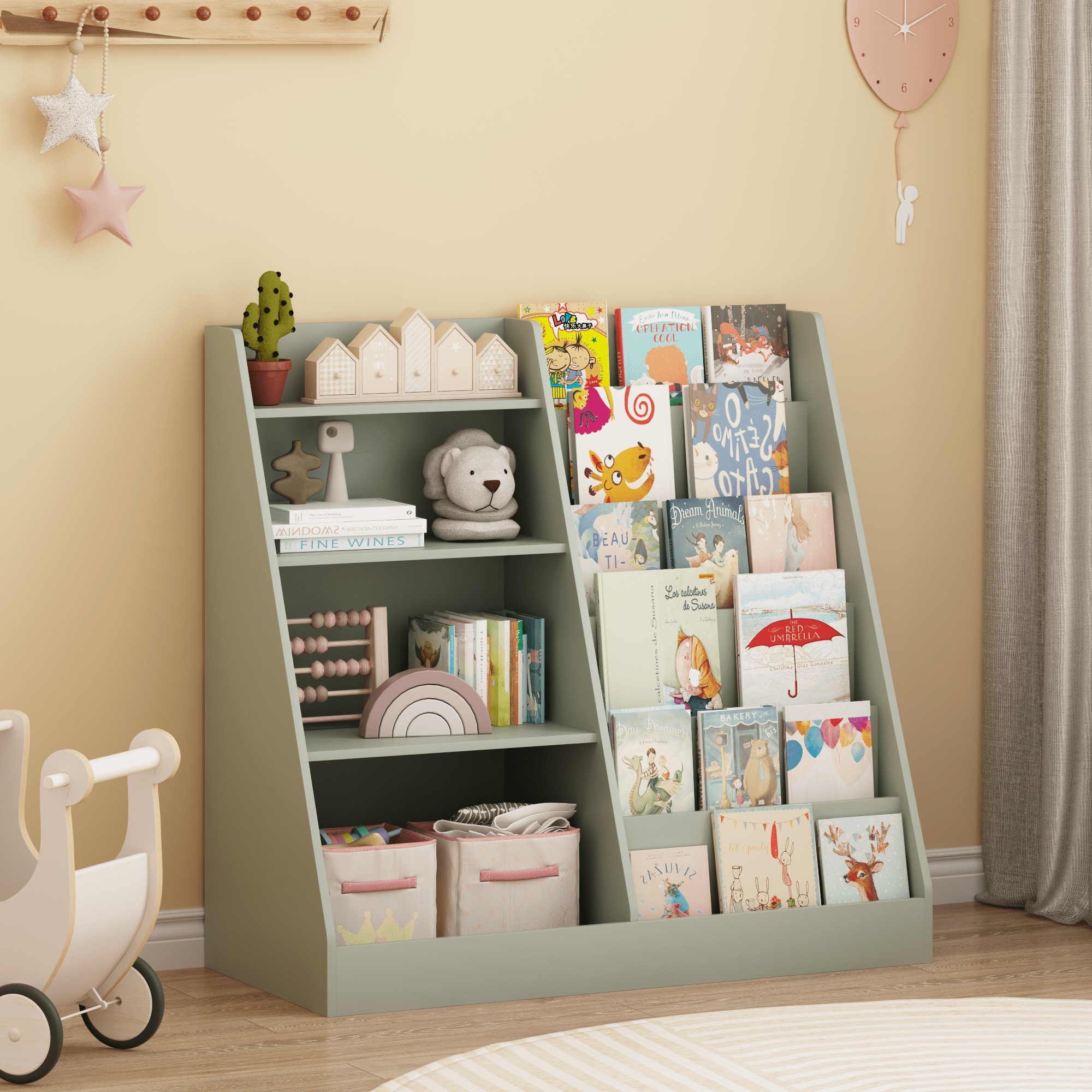 Kids Bookshelf and Toy Storage Organizer, Multifunctional 4 Tier Wooden Kids Book Shelf with Bookcase Display Stand in Kids Room Playroom Nursery for Kids, Children, Toddlers (Sage)