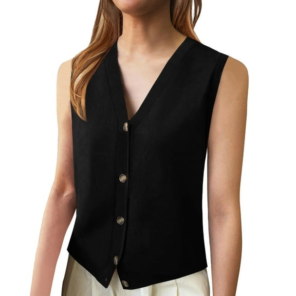 Ediodpoh Women's Casual Sleeveless Knitted V Neck Button Ribbed Sweater Sweater Vest for Comfort and Layering Black M