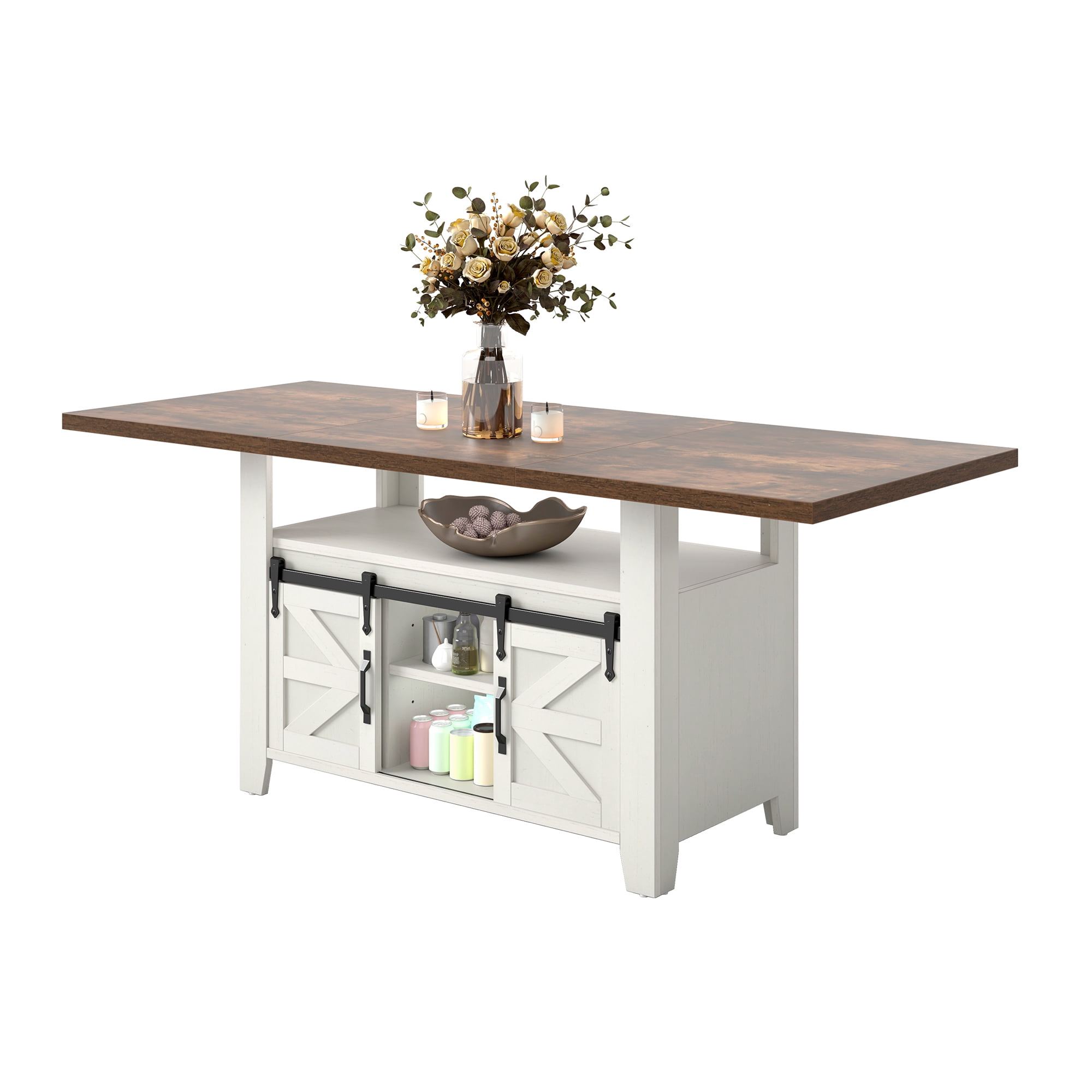 Uforic 70" Farmhouse Dining Table for 6-8 People, Rectangle Kitchen Table with Storage Rack, White