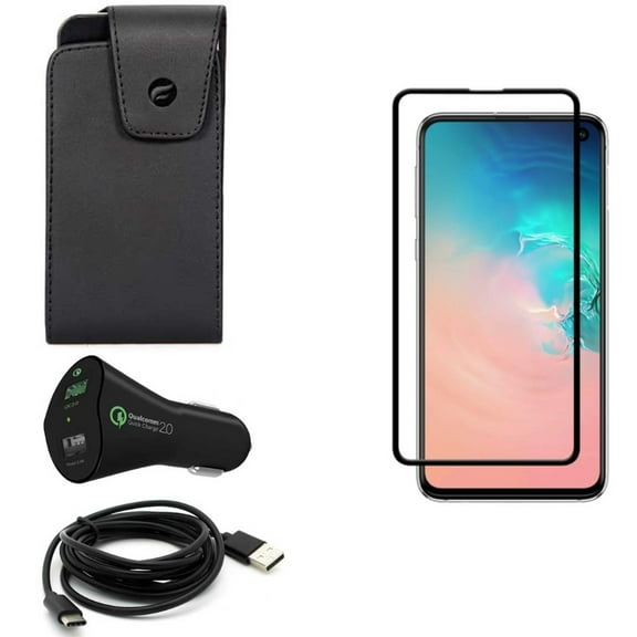 Galaxy S10e Screen Protector w Case Belt Clip w Car Charger - Tempered Glass 5D Curved Edge, Leather Swivel Holster, 30W Fast 2-Port USB 6ft Cable for Samsung Galaxy S10e Phone