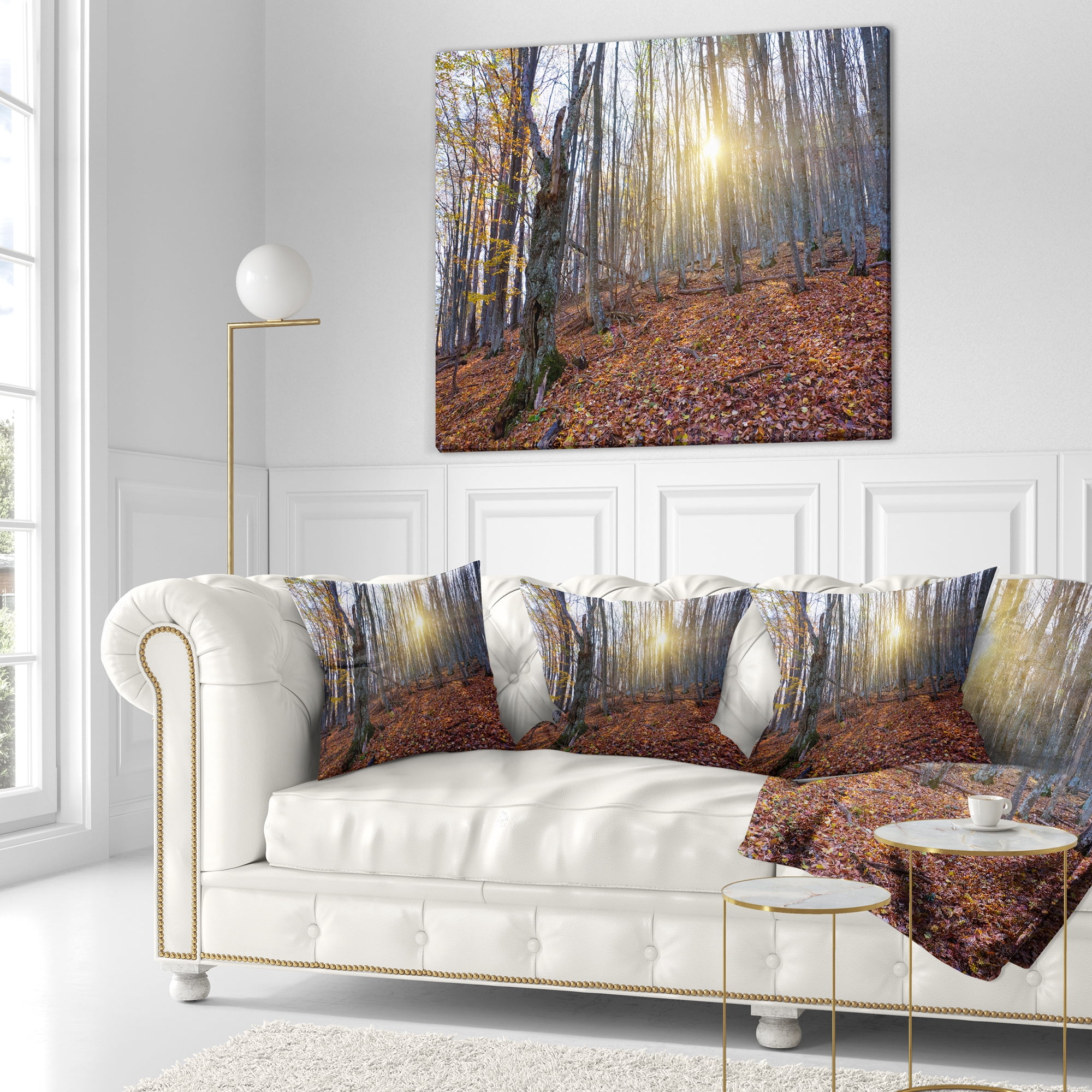 Designart Setting Sun in Dense Fall Forest - Modern Forest Throw Pillow - 16x16