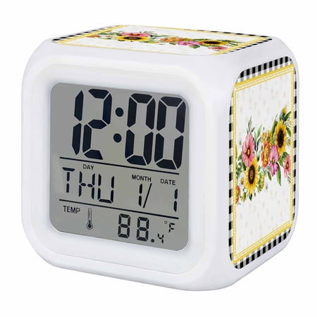 Alarm Clocks Daisy Sunflowe Digital Clock 7 Color LED Night Light Silent Non Ticking Battery