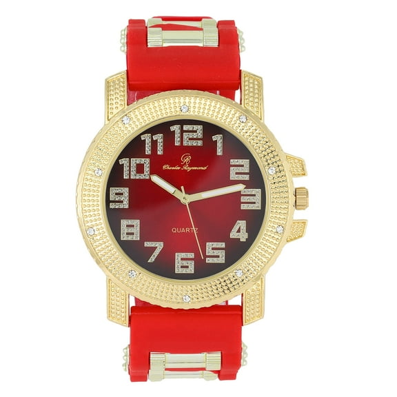 Your The One That I Want! Ooh!Ooh!Yeah! Incredibly Cool, Comfortable & Stunning Rubber Bullet Strap Watch - Unisex EasyReader Dial w/Arabic #'s - Bullet Bling Watch on Fire! - GJM-AR Gold RED/RED