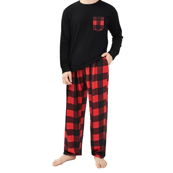 GENTS BLISS Men Pajamas Set Long Sleeve 2 Piece Set Crewneck Shirts with Pocket and Plaid Soft Bottoms Sets Sleep Pajamas for Men