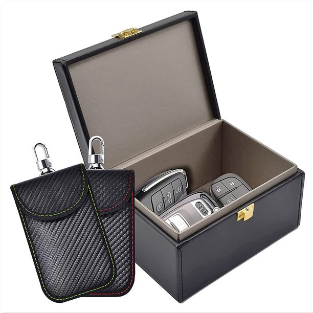 Caja bloqueadora RFID y paquete de 2 bolsas Faraday para bloqueo de señal, bolsas Faraday para llaves de coche, caja antirrobo para bloqueo de señal para entrada sin llave.