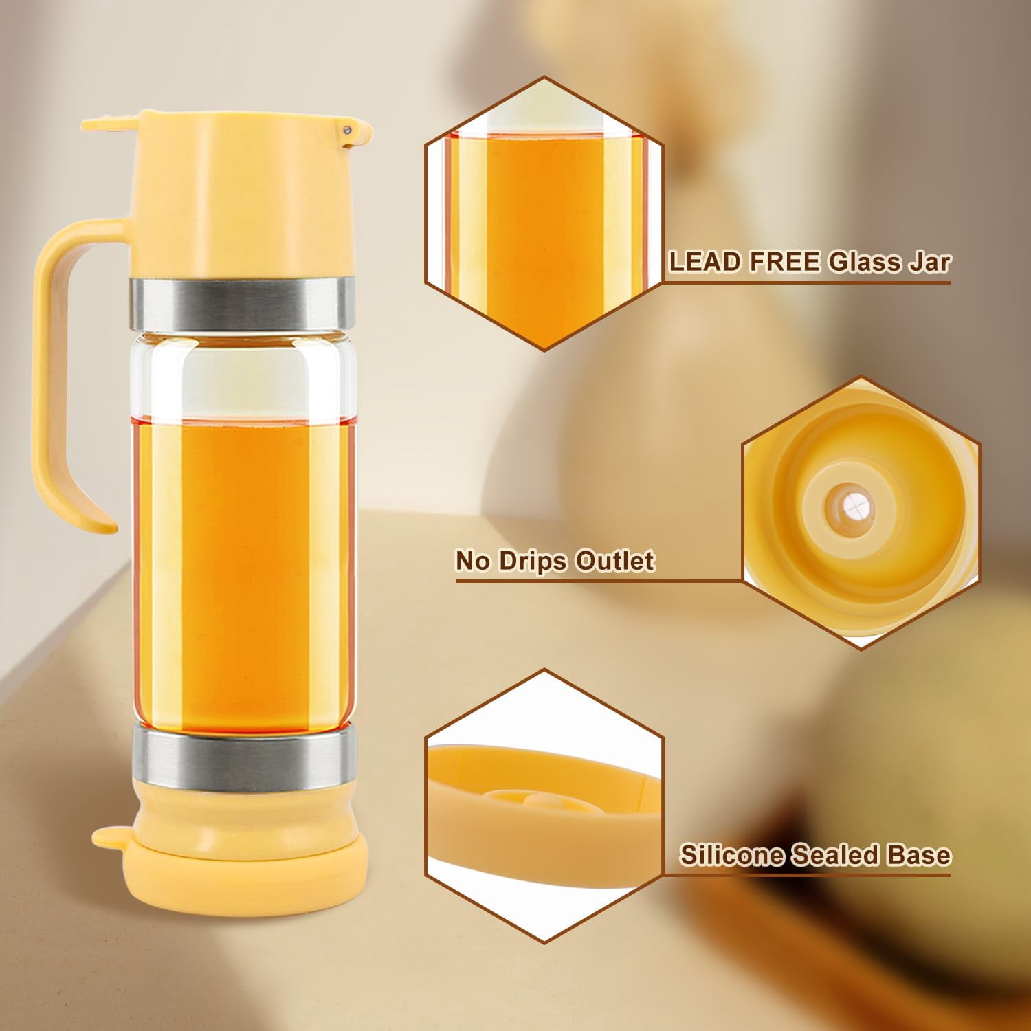 Glass Honey Dispenser with Handle, Syrup Dispenser Jar for Honey Maple Syrup and Coffee, Easy Pour Kitchen Container for Pancakes and Waffles.(12 oz)