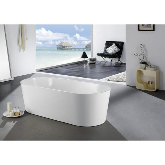Kube Ovale 59'' Free Standing White Bathtub Brass Pop-Up Drain Included