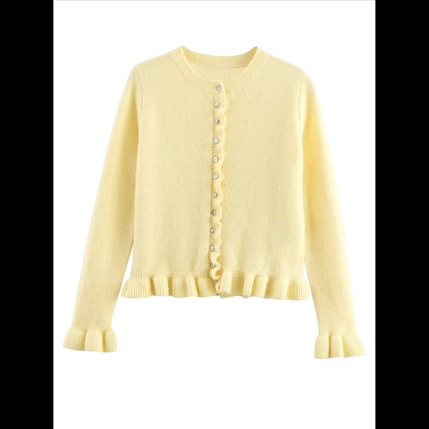 Suéter Tipo Cárdigan Corto para Mujer, Moderno, con Cuello Redondo, Volantes, Larga, Botones, Prendas de Punto. Amarillo L
