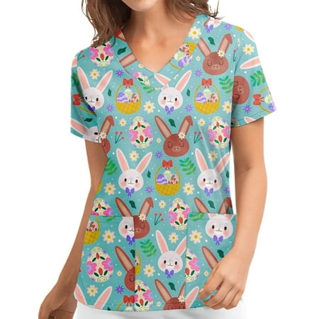 

jsaierl Women s Easter Scrub Top Rabbit Easter Eggs Graphic Shirt Short Sleeve Funny T-shirt V Neck Tunic Nursing Working Uniform Easter Gift for Women