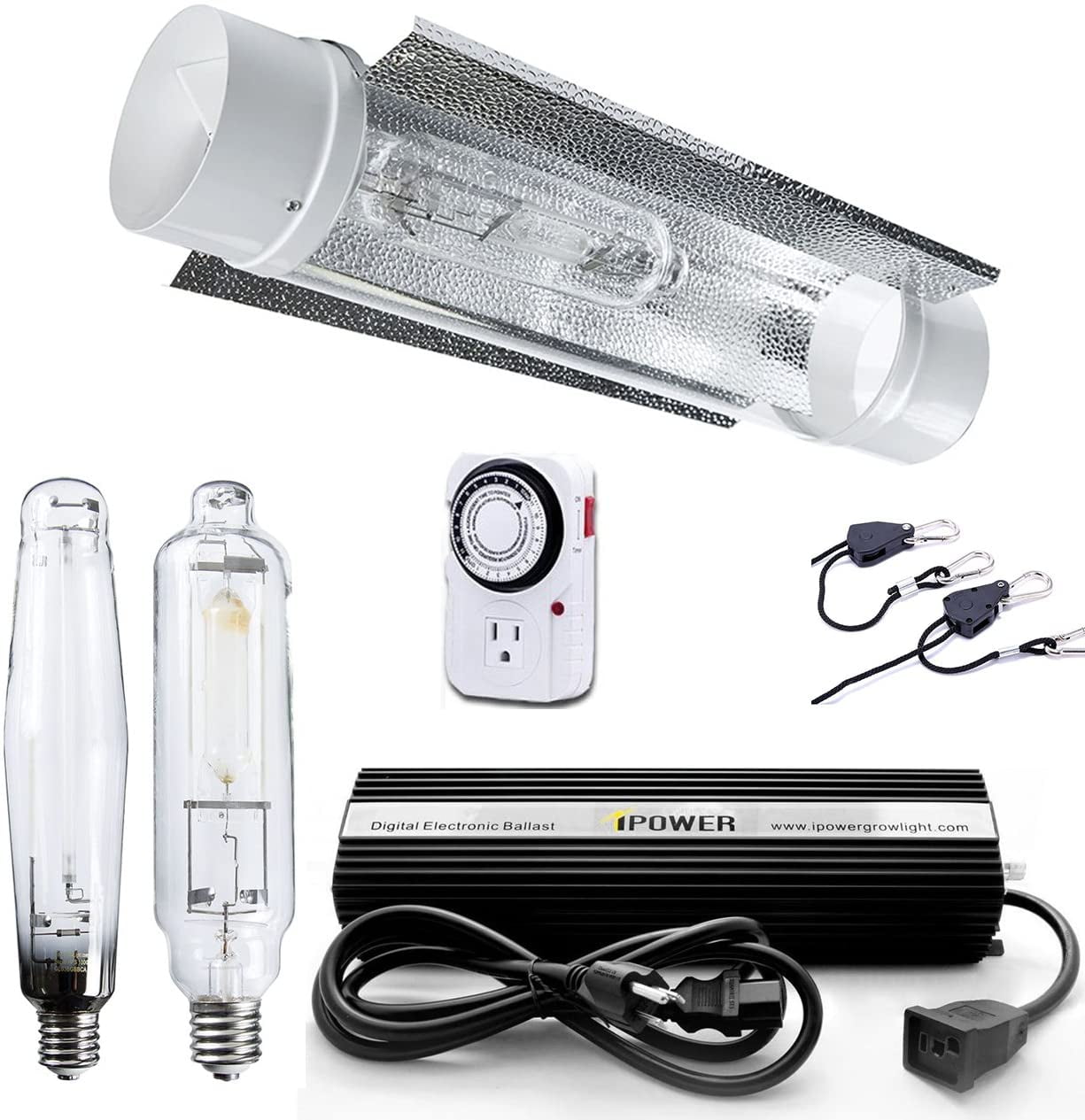 iPower 1000 Watt HPS MH Digital Dimmable Grow Light System Kits Cool Tube Reflector Set Add-on Wing 