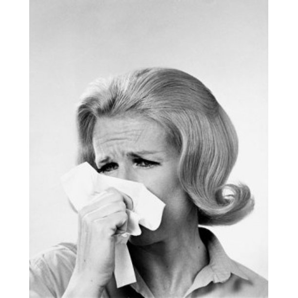 Closeup of a mid adult woman blowing her nose in a handkerchief Poster