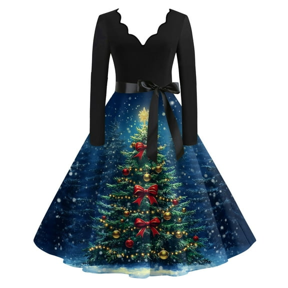 Women's Casual Fashion V Neck Long Sleeve Christmas Printed Party Vintage Dress for Holiday Events and Retro Style, Perfect for Women's Evening Wear,Navy,S
