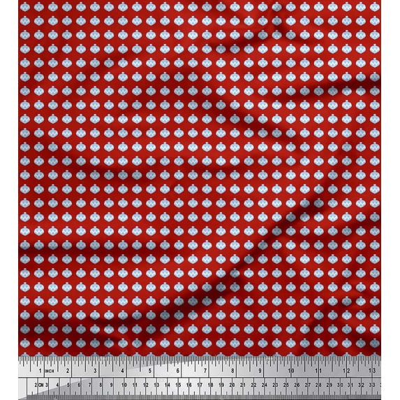 Soimoi Red polyester Crepe Fabric Baubles Christmas Print Fabric by the Yard 52 Inch Wide
