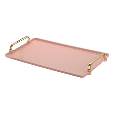 Uxcell Plastic Serving Tray with Golden Handle, 16.1" x 8.7" Modern Rectangular Decorative Tray, Pink