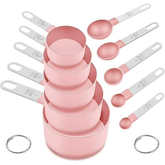 Measuring Cups And Spoons Set 10-Piece Nesting Stainless Steel Handle Dry & Liquid Ingredients Pink