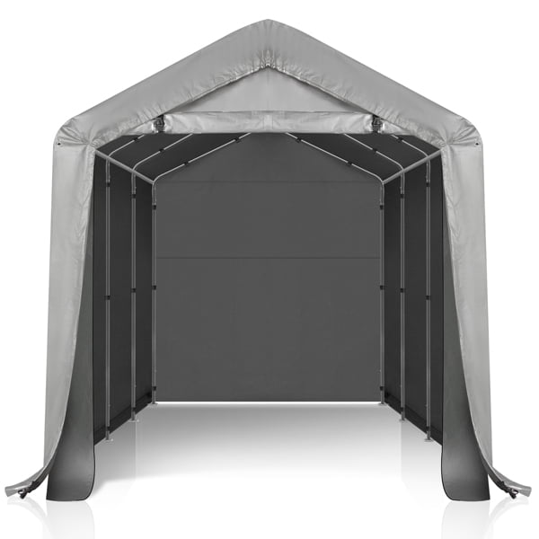 8'X12' Gray Outdoor Storage Shelter Shed  PE Fabric Carport with Removable Sidewalls, 6 Ground Bars, 23 Stakes & Wind Ropes - for Trucks, Boats, ATVs, and Garden Tools