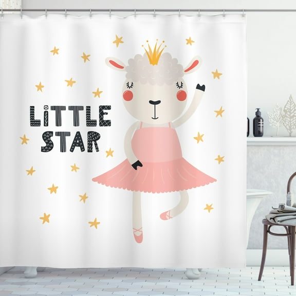 Lamb Shower Curtain, Little Star in a Tutu Pointe Shoes Cute Eyelashes Like a Queen, Fabric Bathroom Set with Hooks, 69"WX70"L, Blush Mustard and Dark Night Blue, by Ambesonne