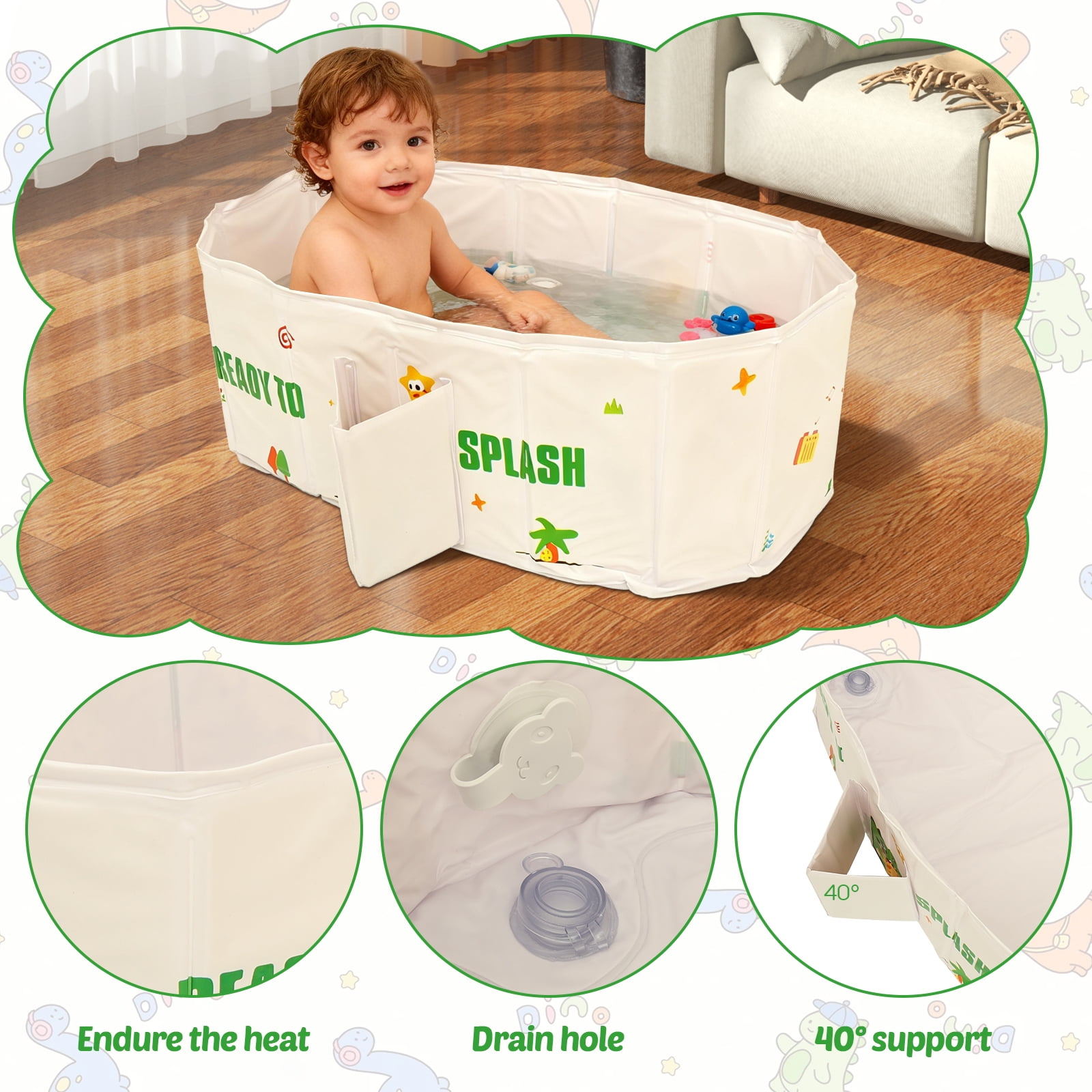 Austok Foldable Bathtub for Kids Multifunctional Portable Bath Tub Large Toddler Bath Tub for Ages Under 8 Integrated Design with Drainage Hole