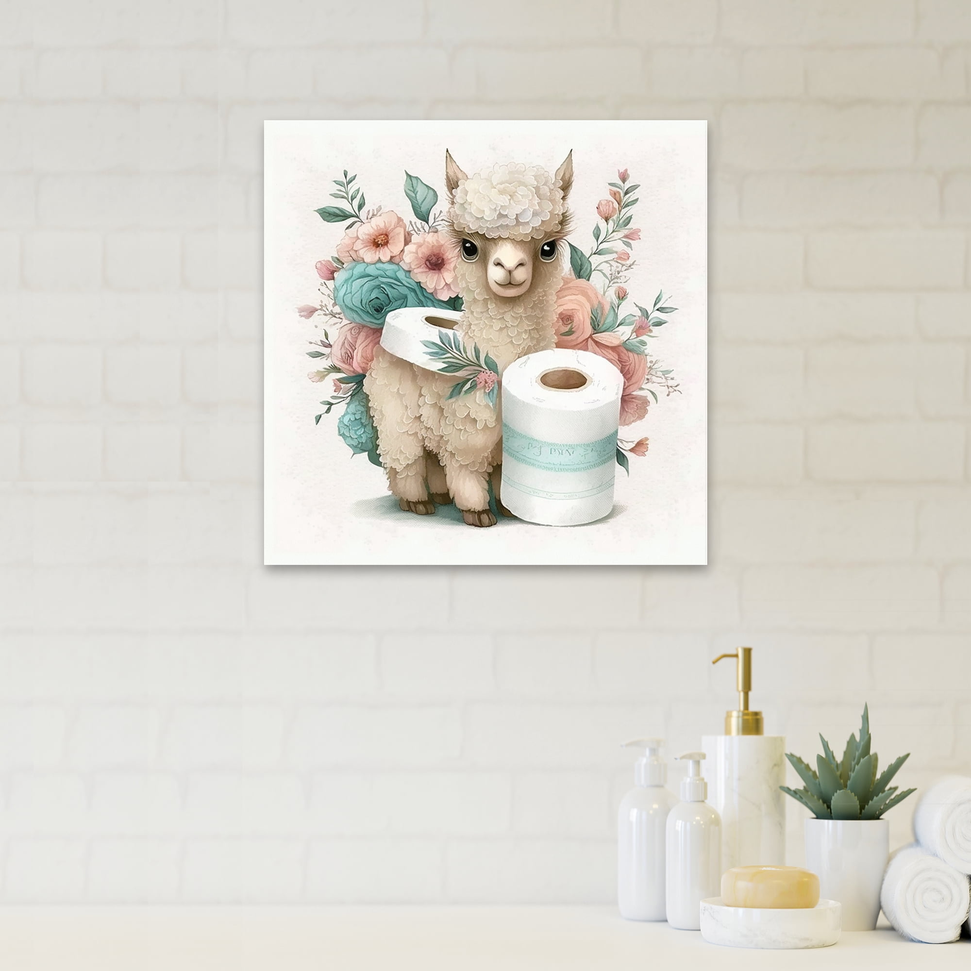 Designart Llama Building A Tower Of Toilet Paper With Flowers V Canvas Wall Art