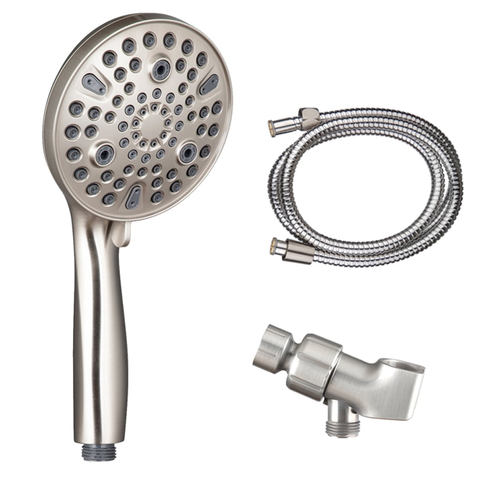 Set up a handheld shower with on/off pause switch and brushed nickel high pressure shower head
