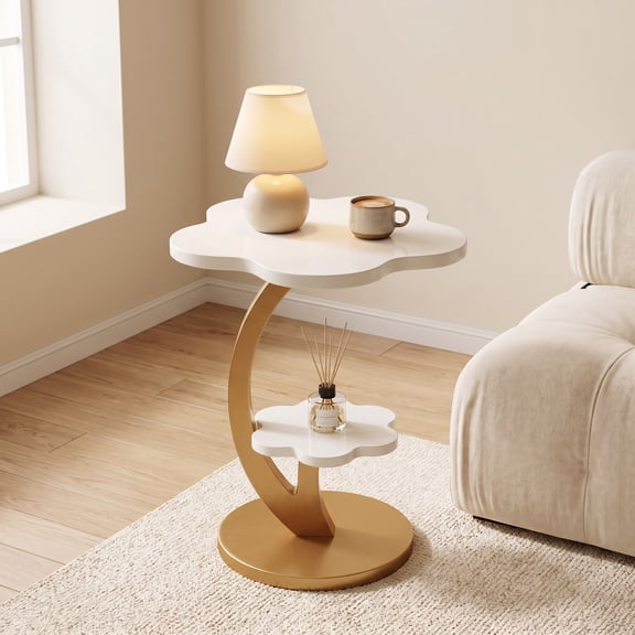 Fnova 2-Tier C-Shaped End Table, Modern Sofa Side Table with Gold Metal Frame, Flower Accent Nightstand for Living Room, Bedroom, Small Spaces, White & Gold