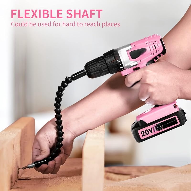 20V MAX Lithium lon Cordless Drill Set, Power Drill Kit with Battery and Charger, 3/8-Inch Keyless Chuck, Variable Speed, 16 Position and 22pcs Drill Bits (pink)