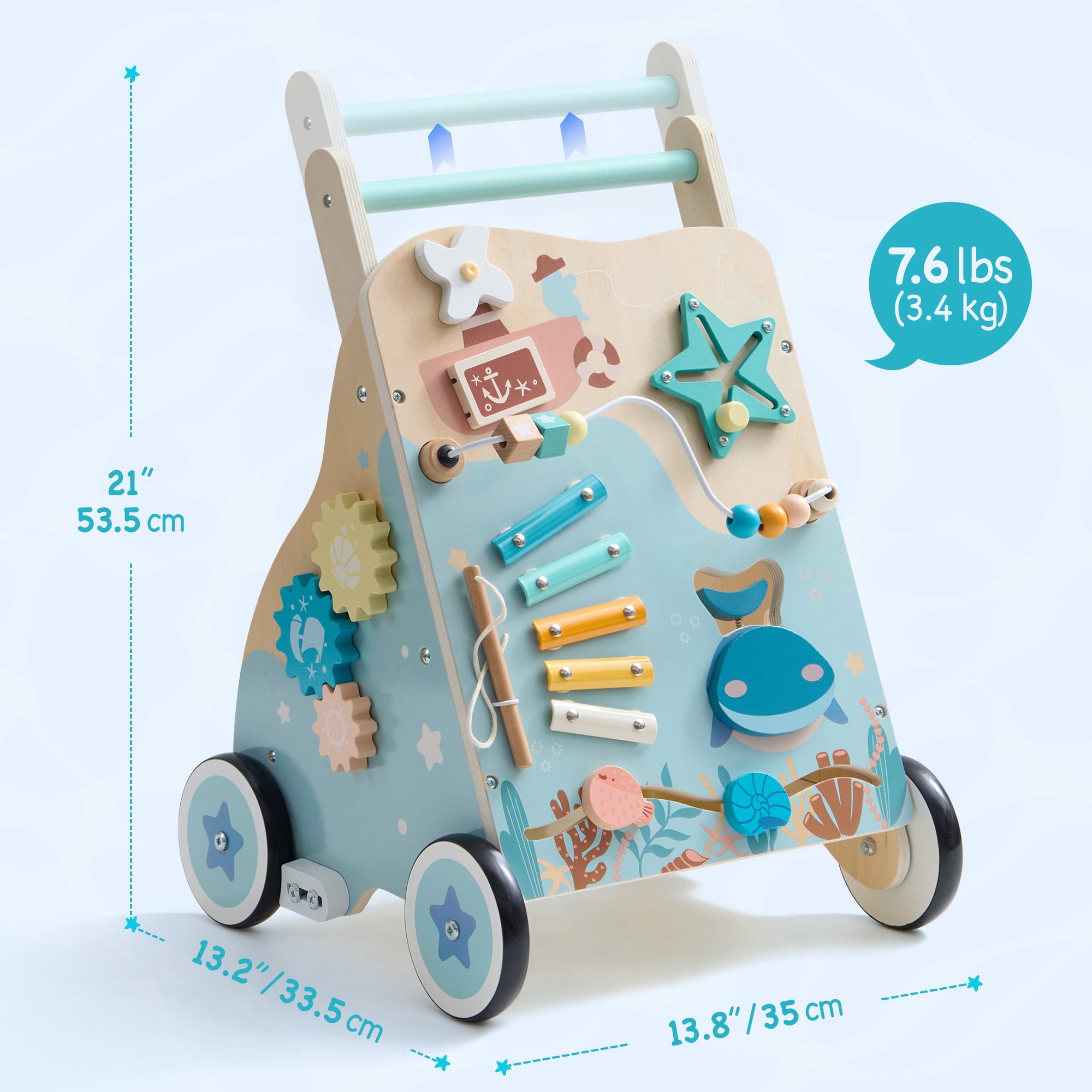 Robud Wooden Baby Push Walker, Ocean-Themed Wooden Baby Walker with Wheels, Sit-to-Stand Activity Center, Push Toy for Toddlers, for Boys and Girls
