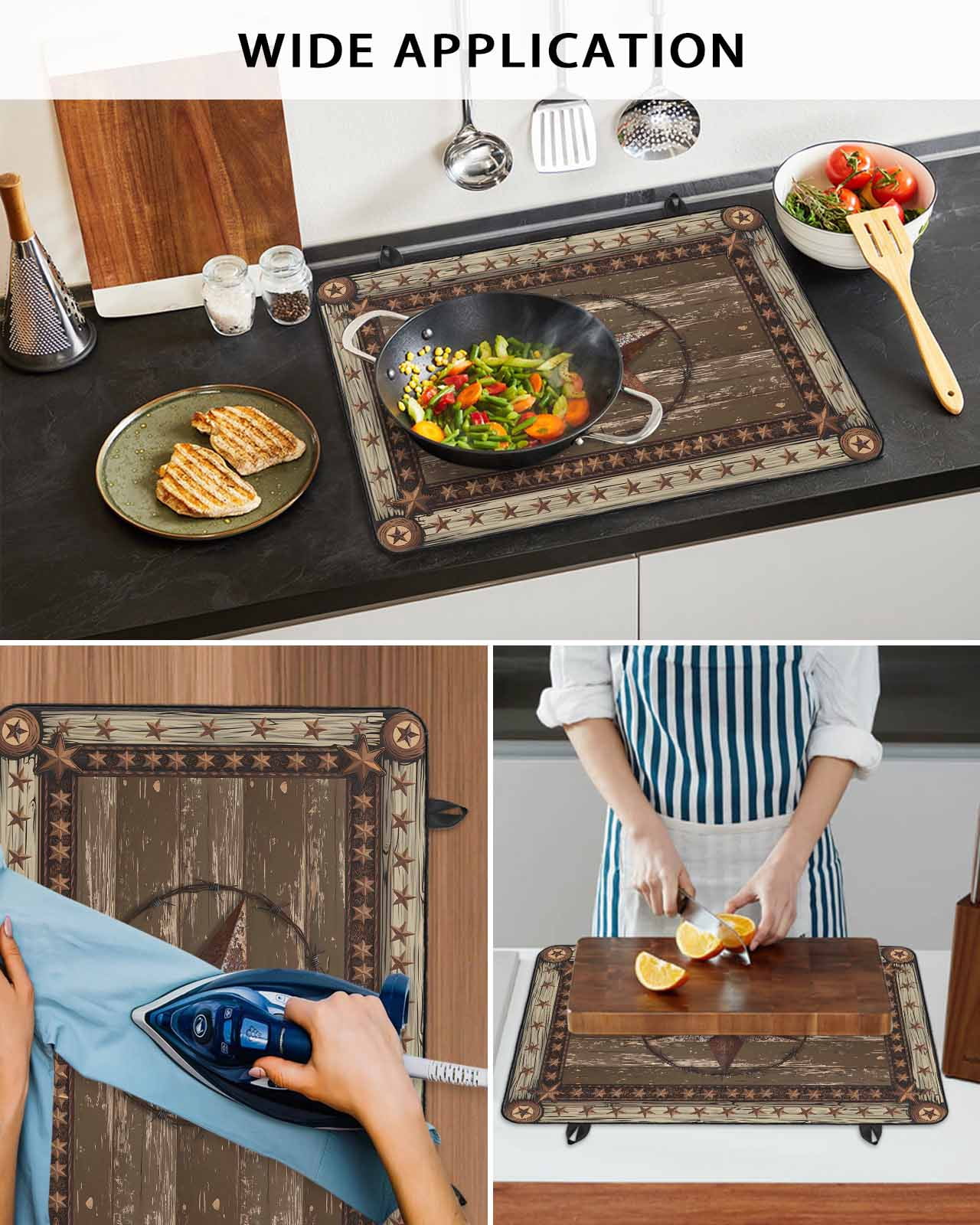 nqOlkjepod Large Induction Cooktop Protector Mat 24"x21", Texas Star Brown Stove Top Covers for Electric Stove, Farmhouse Vintage Wood Grain Decorative Stove Burner Cover Mats, Glass Top Stove Cover