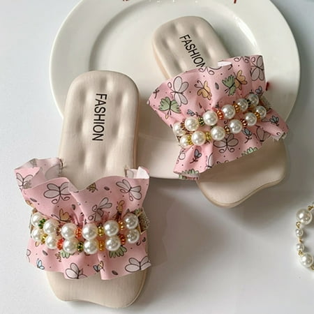 

Dyfzdhu Children Slippers Fashion Floral Ruffle Pearl Flat Bottom Flip Flop Fashion Beach Slippers