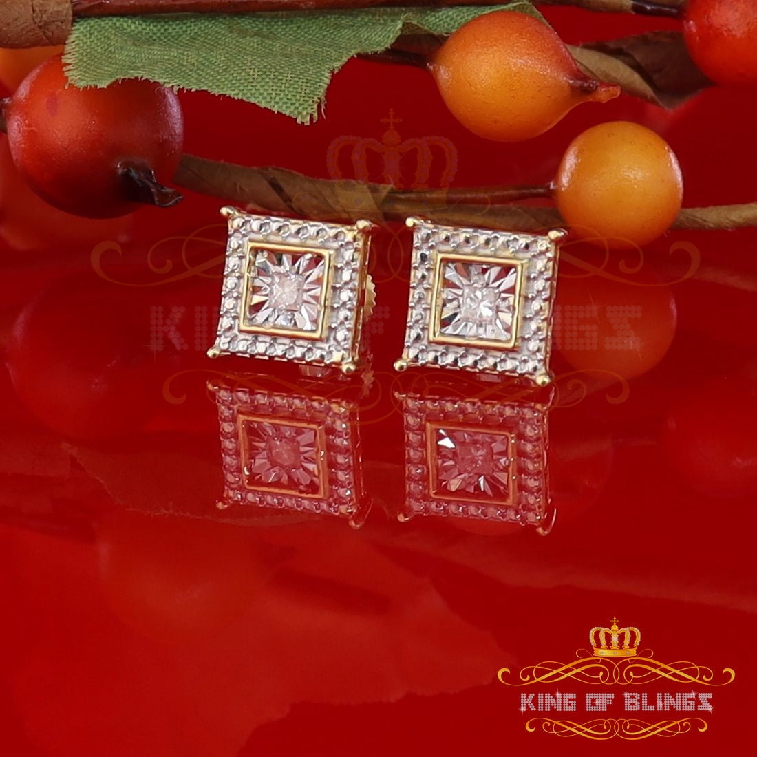 King of Bling's 0.10ct Diamond Stud Earrings Yellow 925 Sterling Silver For Men's & Women's