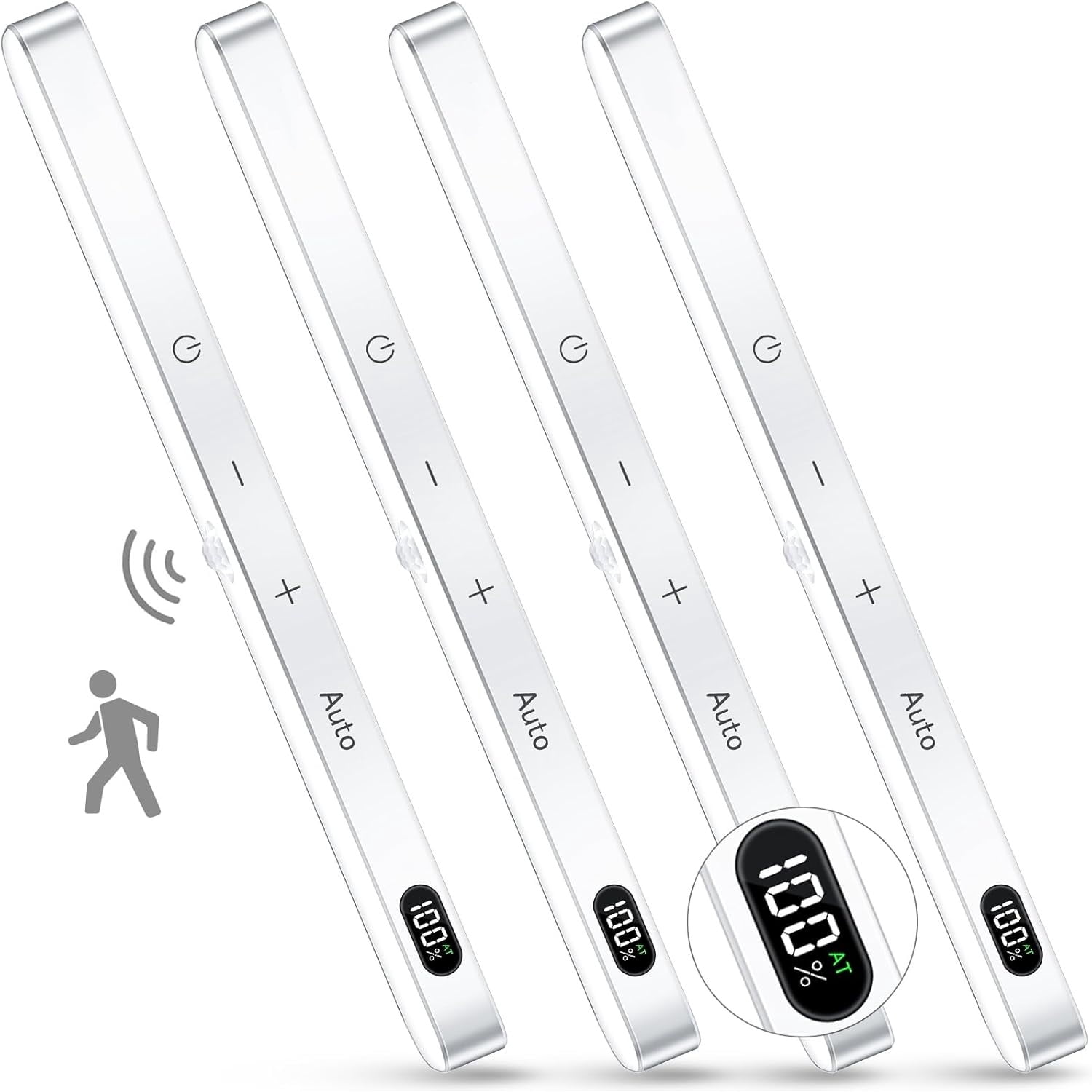 Motion Sensor Light Indoor, Battery Display, 60 LED Touch Light Bar, Under Cabinet Lights Rechargeable, Battery Operated Closet Light Wireless, Stick on Under Counter Lights for Kitchen(4 Pack)