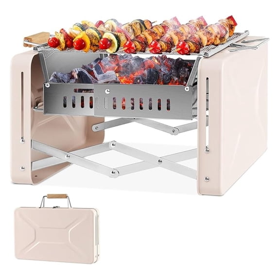 Portable Folding Charcoal Grill, Outdoor Mini BBQ Grill with 2 Stainless Steel Grill Nets, Charcoal Box & Insulated Rubber Wood Handle, Charcoal Grill for Camping, Travel & Picnic