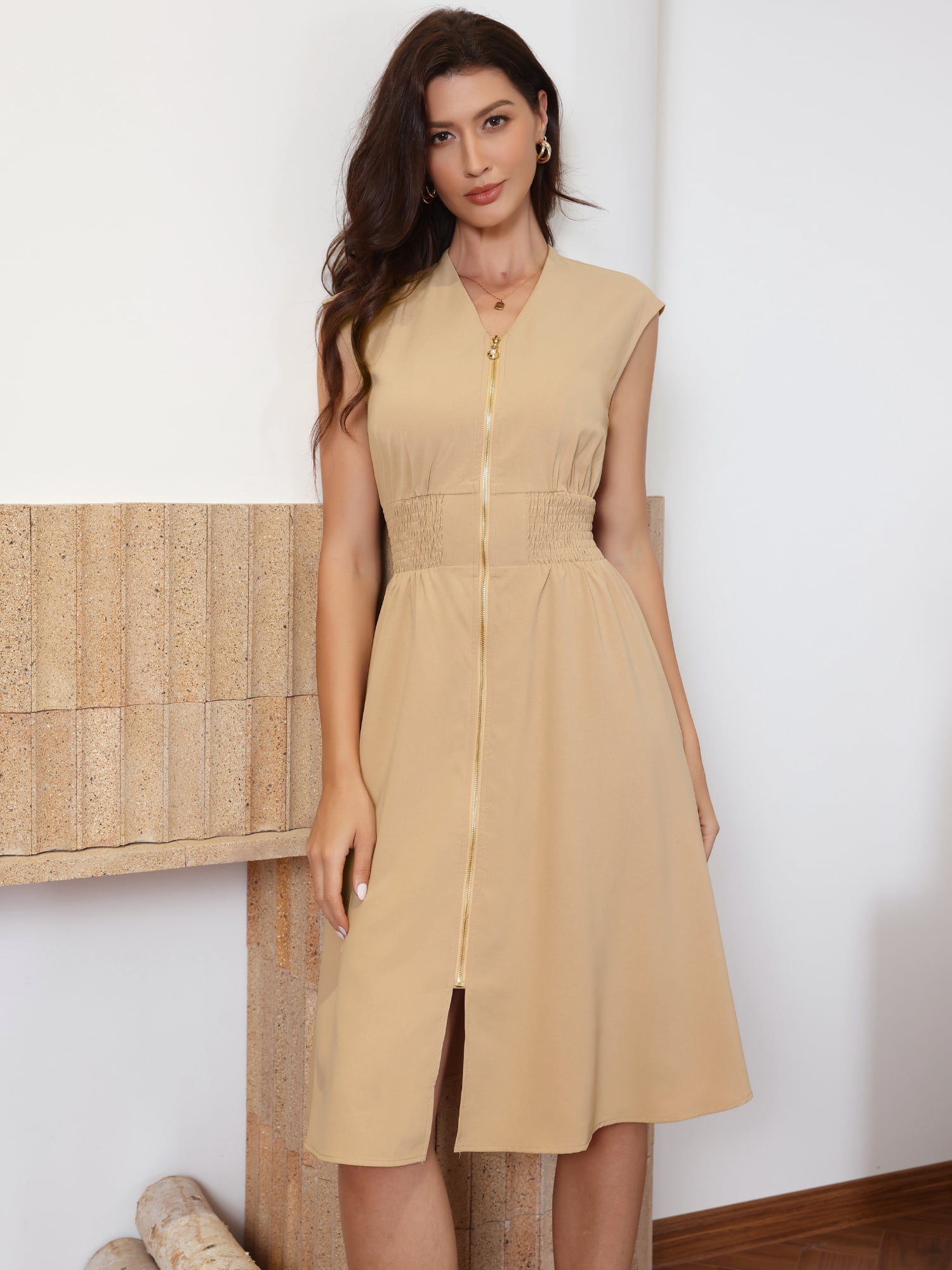 DARING DIVA Women's V Neck Smocked Waist Zipper Sleeveless Midi Dress S Khaki