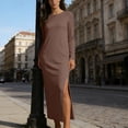 thumbnail image 5 of Viikei Three Quarter Sleeve Wrap Dress for Women Flattering,Women's Long Sleeved Solid Color Slit Long Straight Dress with Double Pockets Long Skirt Brown S, 5 of 7
