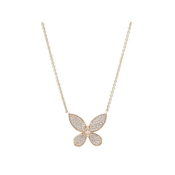 0.96Cttw Pave Set Round Cut Diamond Butterfly Pendant Necklace 18K Yellow Gold