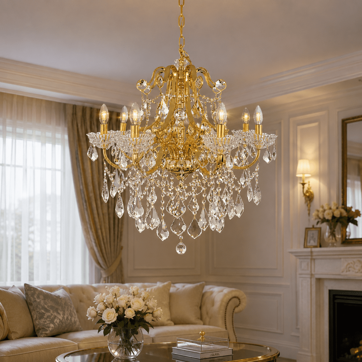 Modern Glam 8-Light Crystal Hanging Chandelier, French Gold Finish for Dining Room, Living Room & Foyer
