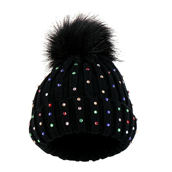 Generic Children's Lightweight Caps Children Baby Knitting Wool Hemming Hat Keep Warm Winter Rhinestone Cap Knitted Baby Hat Boys Girls Toddler Kids Hat with Pompom(,Black)