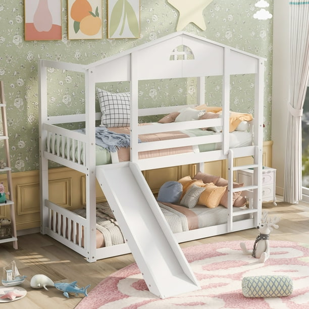 Ocyclone Twin Over Twin House Bunk Bed with Convertible Slide And