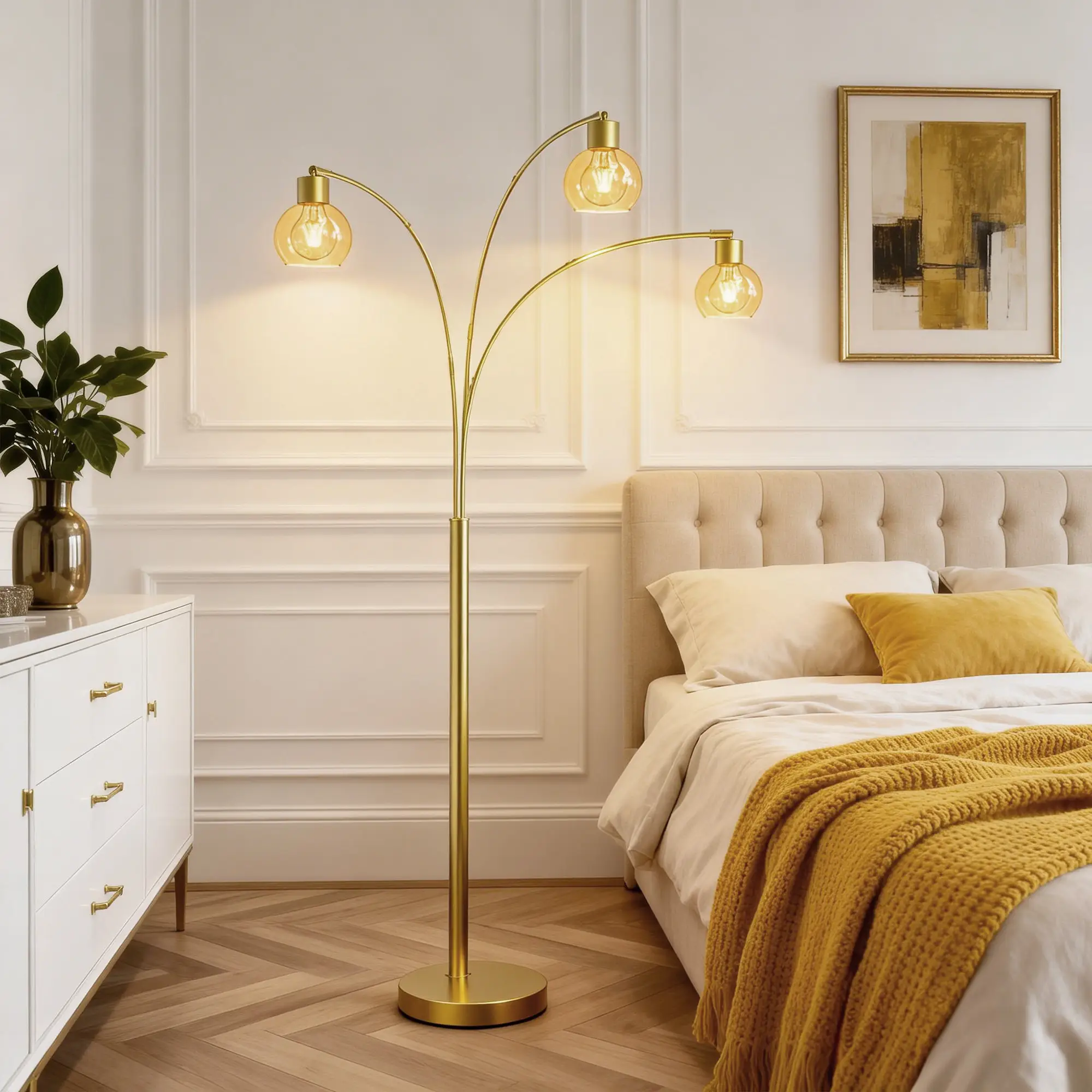 72.8in 3-Light Arc Floor Lamp Brushed Gold , Modern Industrial Standing Tree Lamp for Living Room Bedroom Office Decor