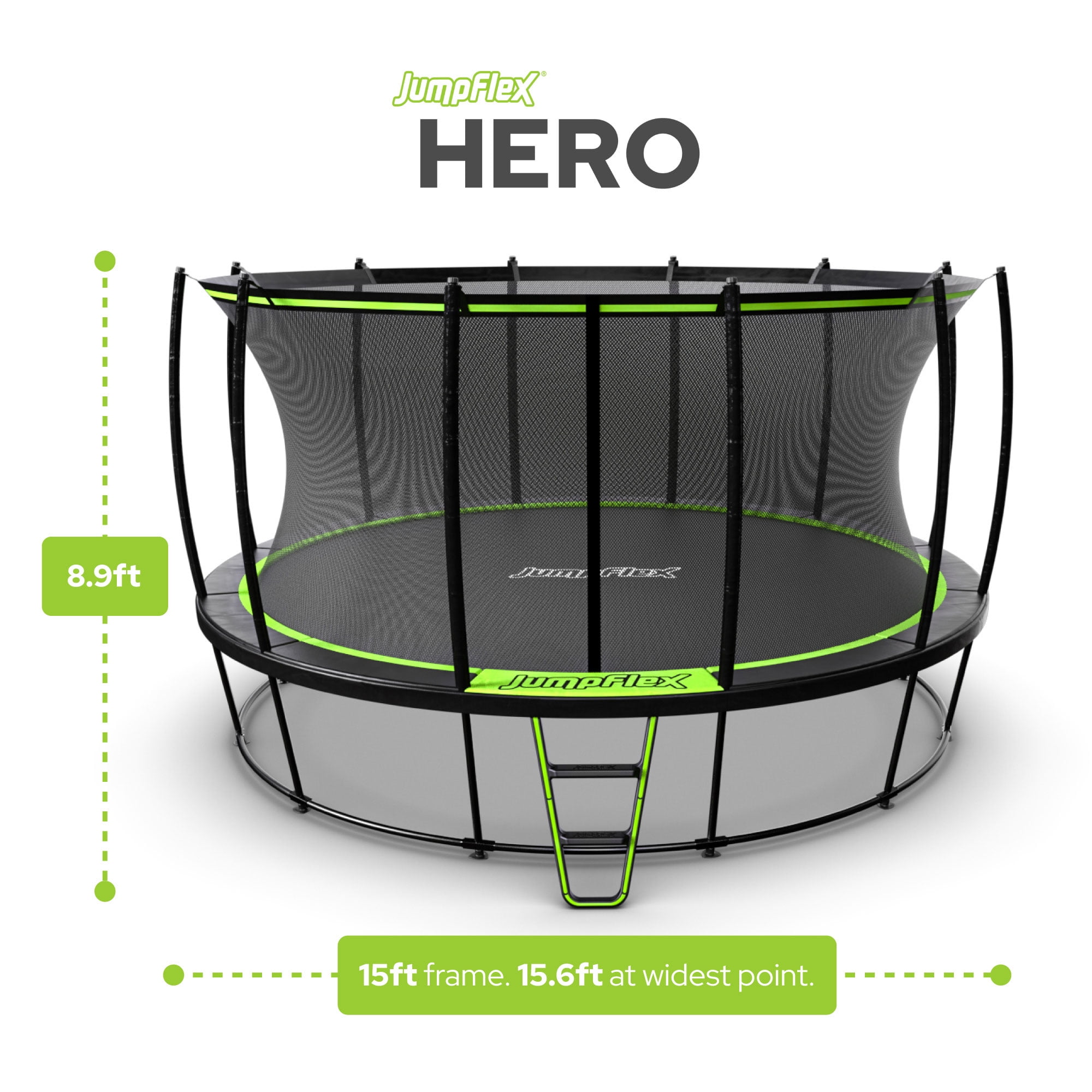 JumpFlex HERO 15' Round Trampoline with Safety Net Enclosure & Net Attachment, Black/Green
