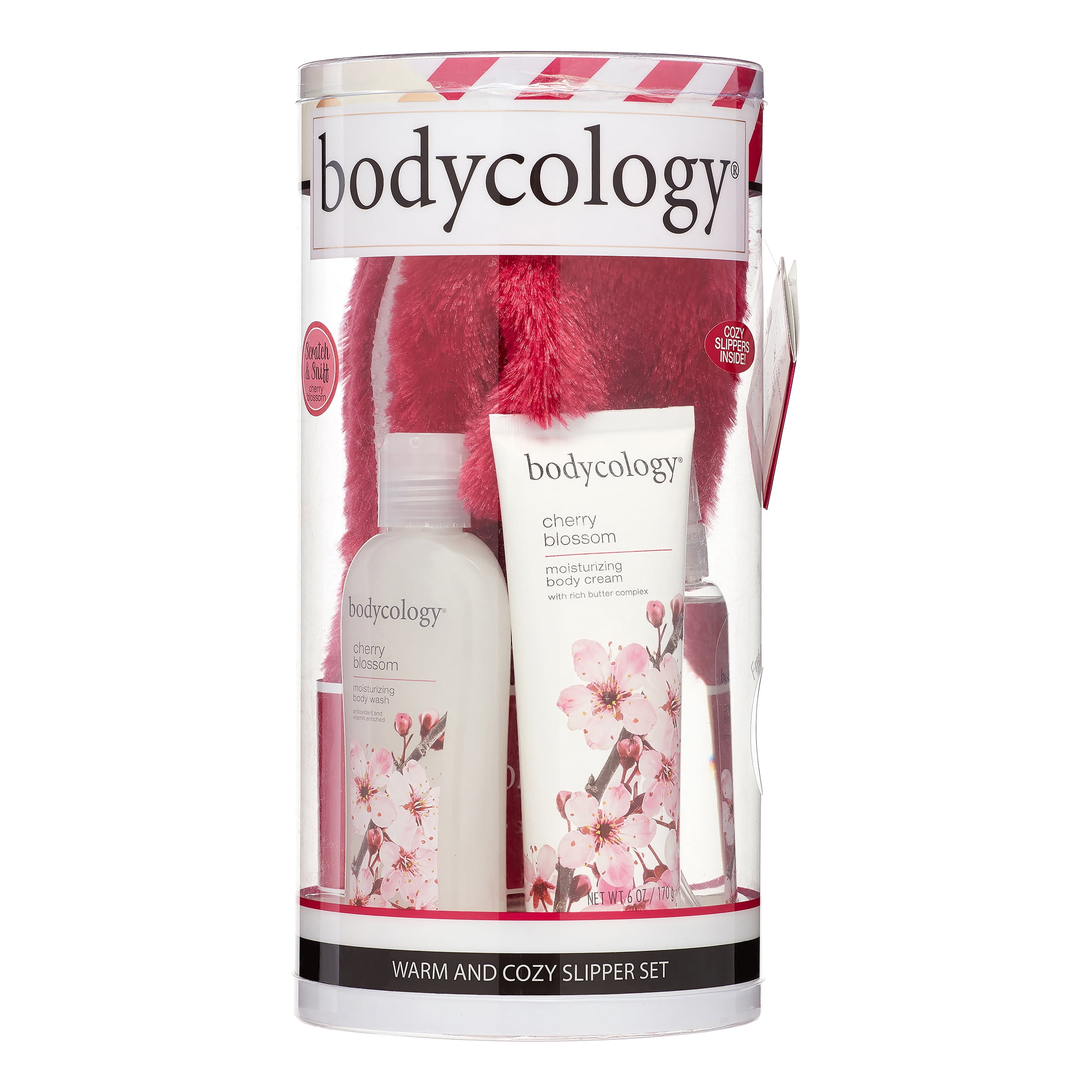 Bodycology Warm and Cozy Slipper and Bath Gift Set, Cherry Blossom, 4 Pieces