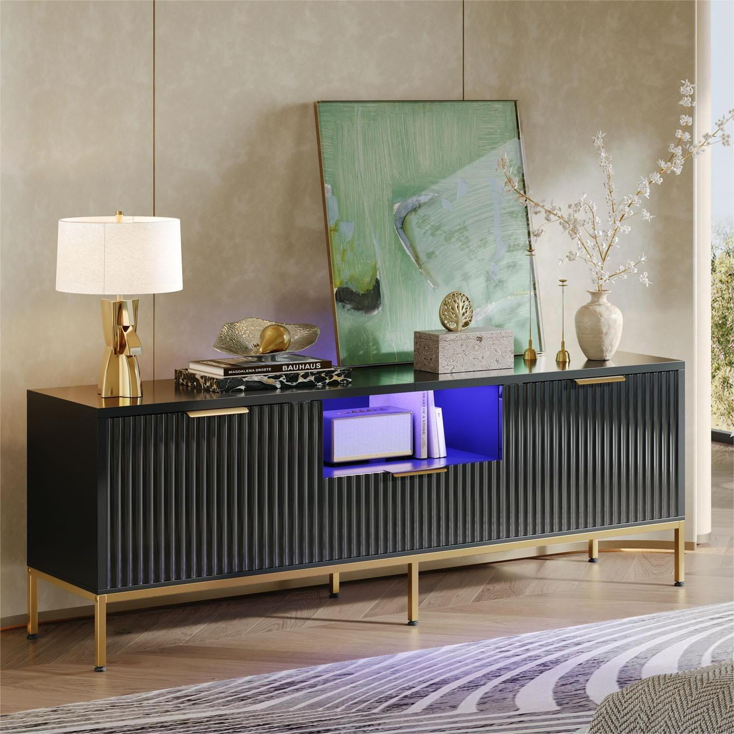 Bestier 55" LED TV Stand for TVs up to 60" Modern High Gloss Entertainment Center with Drawers Fluted TV Console, Black & Gold