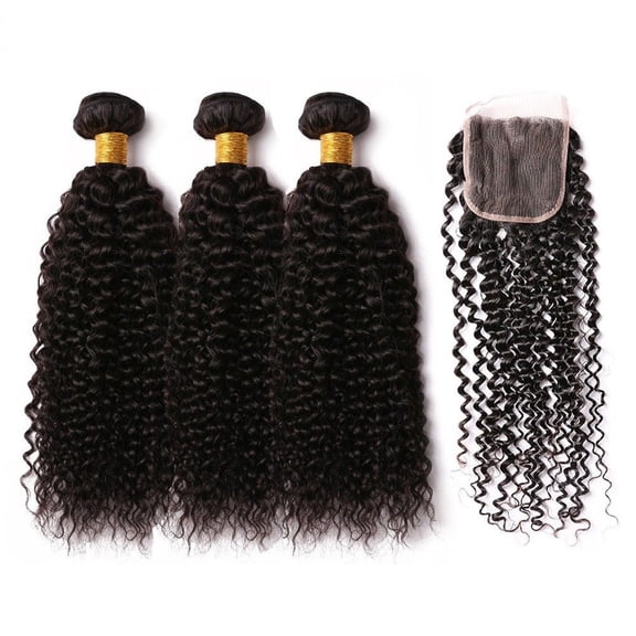 Ustar Unique Bargains Natural Black #1B Brazilian 3 Bundle with closure Jerry Curly 100% Human Hair 12"14"16"bundle+10"closure