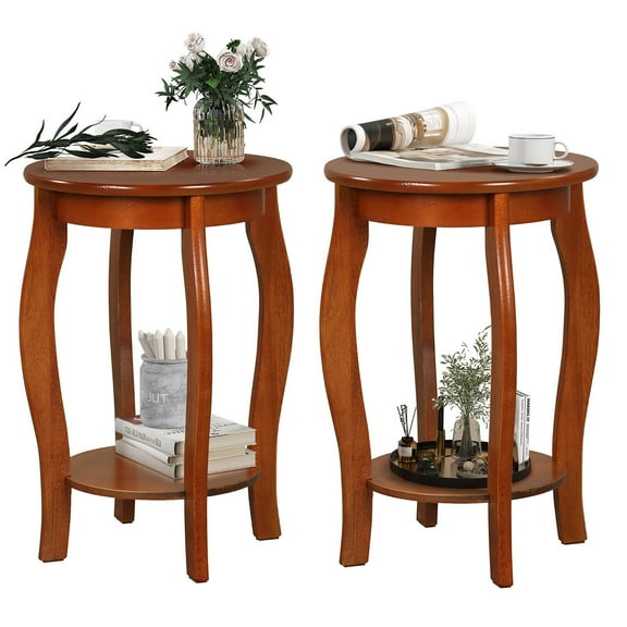 Gymax 2-Tier Round End Table Set of 2 Narrow Sofa Side Nightstand w/ Storage Shelf