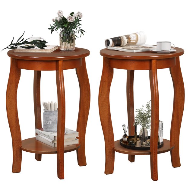 Gymax Ensemble de 2 Tables d'Appoint Rondes à 2 Niveaux, Étroites, pour Canapé, Table de Chevet avec Tablette de Rangement