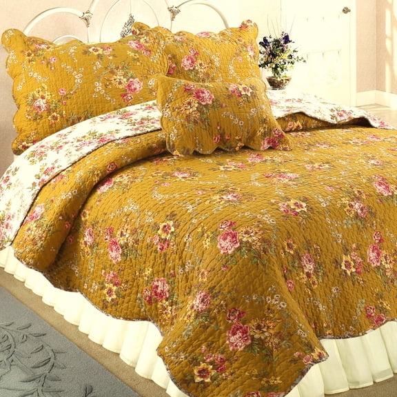 Cozy Line Home Fashions French Country Floral Blooming King 3-Piece Cotton Reversible Quilt Set