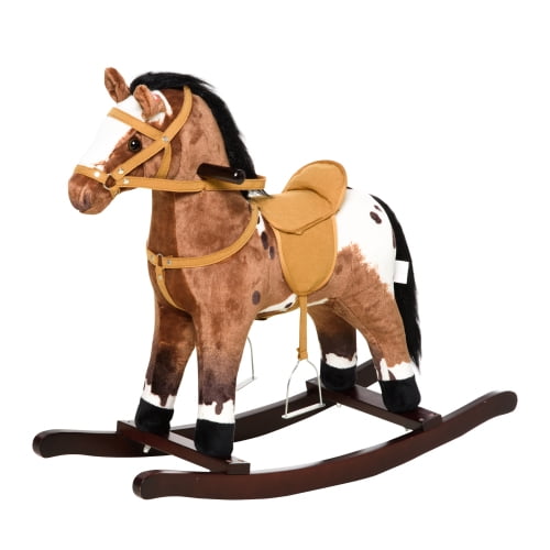 Qaba Kids Ride-On Rocking Horse, Plush Animal Toy with Sounds, Dark Brown/White, Lightweight Durable Metal Frame, Classic Rocker for Toddlers Ages 3 , Home Playroom Fun