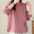 thumbnail image 6 of YUGYXL Cotton Linen Shirts for Women Retro 3/4 Length Sleeve Boho Peasant Blouse Dressy Casual Button Down Collarless Work Top Hot Pink XXXXL, 6 of 8