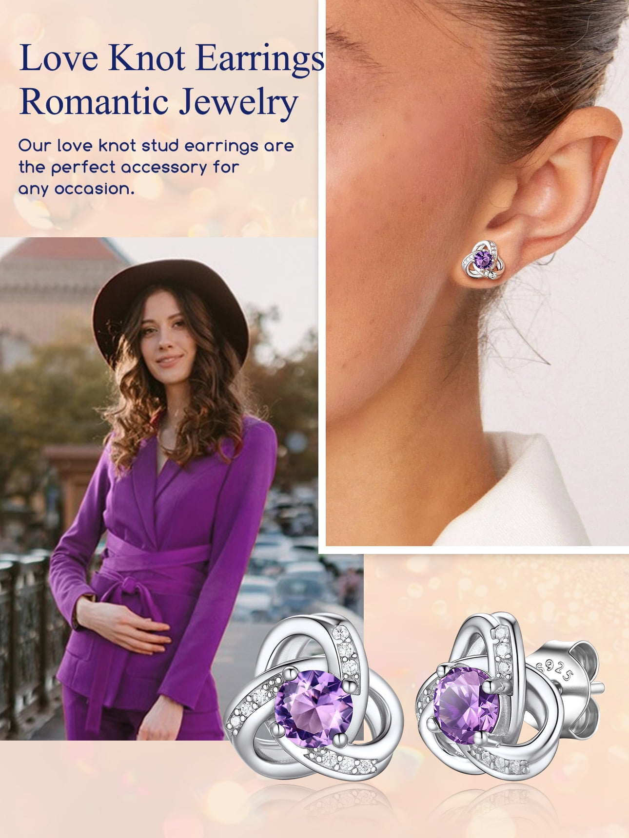 Suplight 925 Sterling Silver Love Shape Knot Birthstone Stud Earrings for Women Gifts Sparkle Round Cut